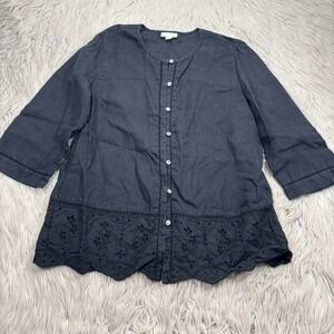 J. Jill Women's S Black Linen Eyelet Hem Button Front Blouse Lagenlook Feminine